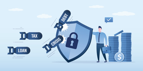 High level security, wealth protection, saving guard in financial and economic crisis, confident businessman with strong shield to protect money coins stack from crisis bombs.