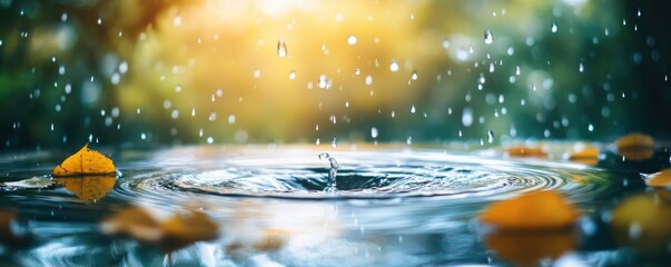 close up rain water drop falling to the floor in rainy season, blur plant on background