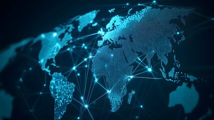 Obraz premium Abstract digital world map, concept of global network and connectivity, featuring elements of artificial general intelligence, high-speed data transfer, and cyber technology