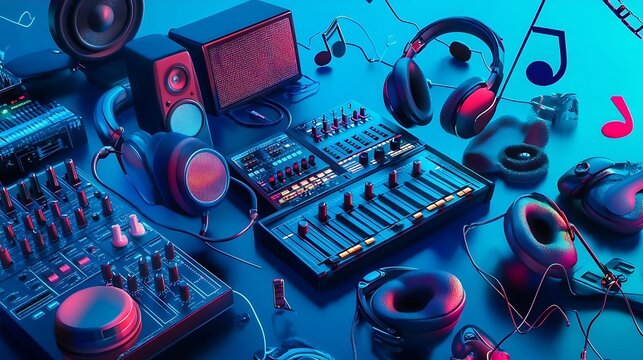 Music Production Studio Setup with Headphones  Mixing Console  and Speakers