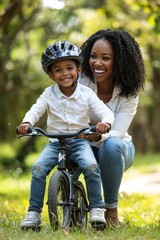 Obraz premium Mother teaching her son to ride a bicycle in a sunny park path, showcasing family bonding and joyful moments outdoors