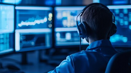 A focused individual in blue shirt is monitoring multiple high tech screens in control room, showcasing data analysis and safety monitoring