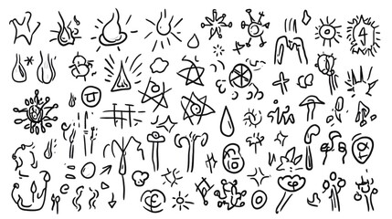 Naklejka premium A diverse collection of hand-drawn abstract symbols and icons in black and white.