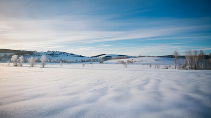 A winter landscape with trees and mountains in the distance on an endless plain covered with snow. A clear sky and white clouds