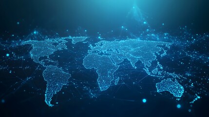 Abstract digital world map, concept of global network and connectivity, featuring elements of artificial general intelligence, high-speed data transfer, and cyber technology