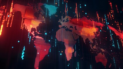 Abstract digital world map, concept of global network and connectivity, featuring elements of artificial general intelligence, high-speed data transfer, and cyber technology