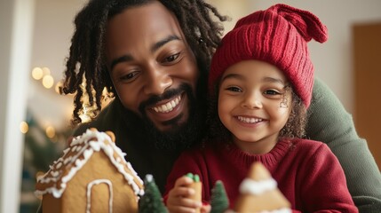Happy Father and son building gingerbread home family winter holidays and celebration concept