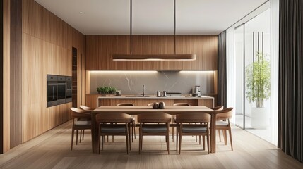 Spacious Modern Kitchen with Wooden Furnishings and Elegant Decor in Interior