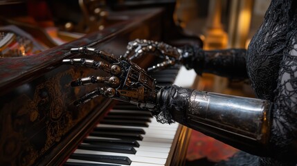 A detailed close-up of robotic hands playing a grand piano. The fusion of mechanical precision and musical artistry creates a powerful visual, highlighting the blend of advanced robotics and classical