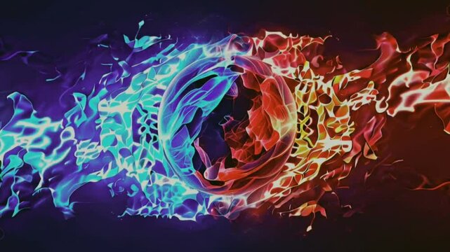 Abstract logo reveal with fire and ice effect. blue and red smoke collide around a sphere for logo placement. 2 video clip available, 1 in-out transition and 1 loop. 3D render, 4k loop
