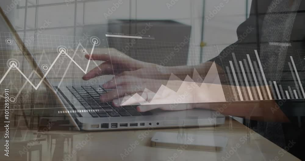 Canvas Prints Animation of financial data processing over caucasian businesswoman using laptop in office