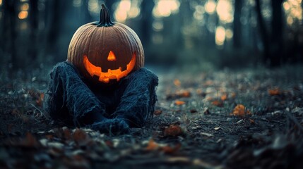Naklejka premium A glowing jack-o'-lantern sits eerily in the middle of a dark forest, creating a haunting atmosphere with its sinister grin. Perfect for Halloween, horror, or eerie designs with a focus on mystery and