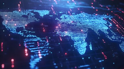 Abstract digital world map, concept of global network and connectivity, featuring elements of artificial general intelligence, high-speed data transfer, and cyber technology