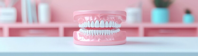 Obraz premium A dental model showcases realistic white teeth in a pink container, set against a soft pastel background, ideal for education and dental displays.