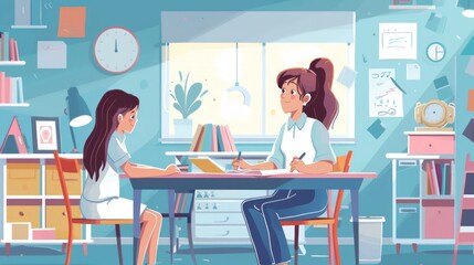 A young woman tutors a girl in a cozy home office, with bookshelves, a clock, and a window.