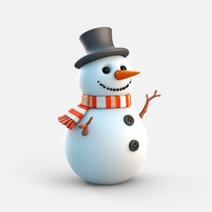 Cheerful snowman with a top hat and scarf on a white background, spreading winter joy.
