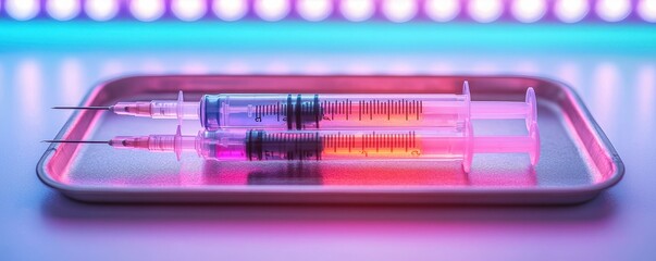 A colorful syringe on a tray illuminated by vibrant lights, conveying a sense of medical precision and innovation.