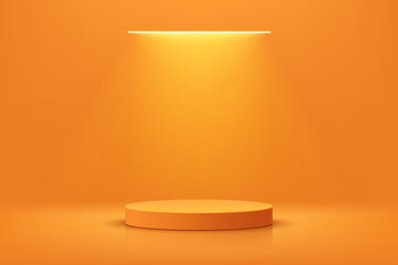 3D orange round podium with ceiling neon lighting background. Abstract geometric composition in minimalist design. Studio display showroom stand product pedestal, Fashion stage showcase mockup scene.