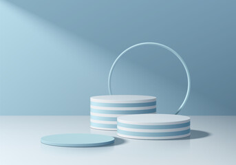 3D blue, white round podium set with lighting and shadow background. Abstract geometric composition in minimalist design. Studio display showroom product pedestal, Fashion stage showcase mockup scene.