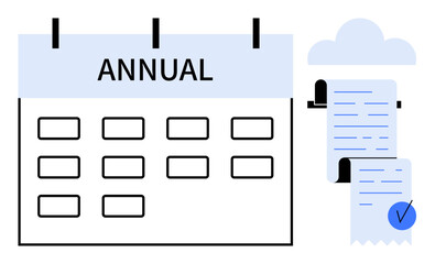 A minimalistic calendar marked Annual with a connected receipt featuring a check mark. Ideal for financial planning, accounting, yearly budgeting, tax preparation, and billing reminders. Clean