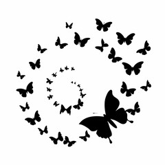 A graceful swarm of black butterflies in silhouette, with various sizes, flying upward in a gentle spiral pattern on a white background. The composition shows a sense of movement and lightness, 