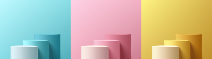 Set of steps 3D round podium background in blue, pink and yellow color. Abstract composition in minimalist design. Studio display showroom stand product pedestal, Fashion stage showcase mockup scene.