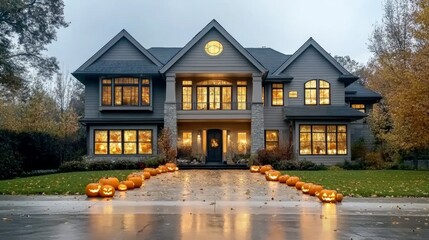 Fototapeta premium Spooky farmhouse with glowing pumpkins scattered around the fields eerie fog rising from the ground