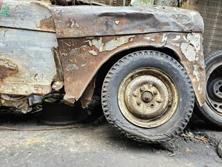 Close up Old Broken Car on the Side of the Road.