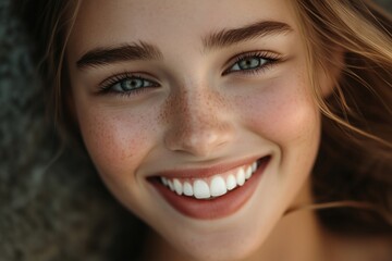 Fototapeta premium A young woman showcasing her radiant smile with sparkling white teeth