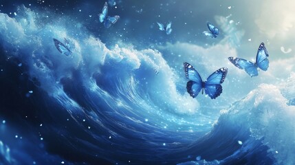 An artistic depiction of blue butterflies fluttering amidst a powerful ocean, blending natural beauty with fantastical elements. The scene evokes tranquility despite the rough seas.. AI Generation