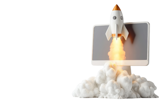 Rocket launching from a laptop screen, symbolizing innovation and digital evolution, on a white isolated background.