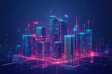 Fototapeta premium Holograme style 3D model building with dark blue technology background Generative by Ai