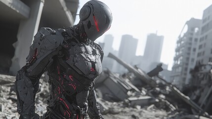 Artificial Intelligence Menace - Hostile AI Robot in Urban Ruins | Concept Art with Ray Tracing Effects