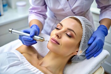 Fototapeta premium A woman is getting a facial treatment with a blue light