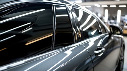 Close-up of a car's side window reflecting modern lighting in a showroom.