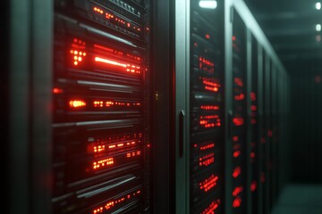 Camera gently moving through data center highlighting server equipment with blinking light indicators close-up view