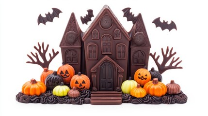 Chocolate haunted house with Halloween-themed decorations including pumpkins and bats. Perfect for spooky celebrations and candy displays.