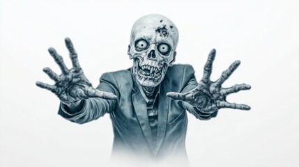 Spooky skeleton wearing formal attire reaching out with both hands in a terrifying gesture on a white background.