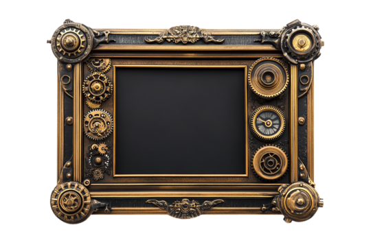 Steampunk style photo frame with intricate gears and designs, empty space for pictures, isolated on a white background.