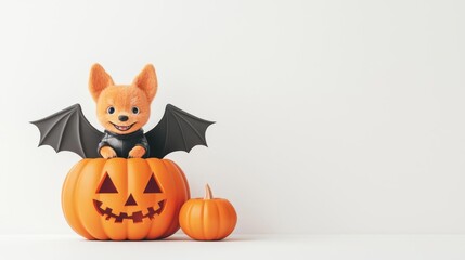 Adorable Halloween decoration with a bat-eared figure in a pumpkin, perfect for festive and spooky celebrations.