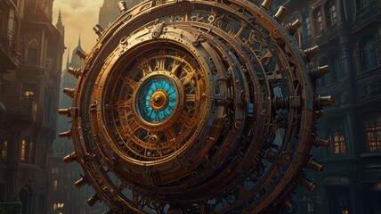 Obraz premium A large, intricate, steampunk clock face with Roman numerals, set against a backdrop of a city with buildings.