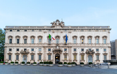 Fototapeta premium Rome, Italy - April 09, 2024: Quirinale Square, seat of the President of Italy, with tourists strolling among the archaeological remains in Rome, Italy