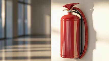 A red fire extinguisher mounted on a wall in a well-lit indoor space.