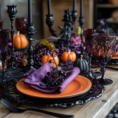Naklejka premium Halloween dinner table elegantly set with black candles, purple napkins, and orange plates featuring small pumpkins and gothic details perfect for spooky festive gatherings and celebrations