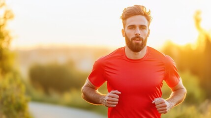 healthy concept: A determined man with a beard runs towards the sunset in a red t-shirt, his silhouette framed by the golden rays. The image conveys a sense of ambition, perseverance.