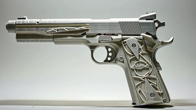 A silver handgun with an intricate design on the grip is shown on a white surface