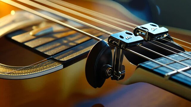A close-up of the tuning pegs on a guitar, showing the intricate details of the mechanism