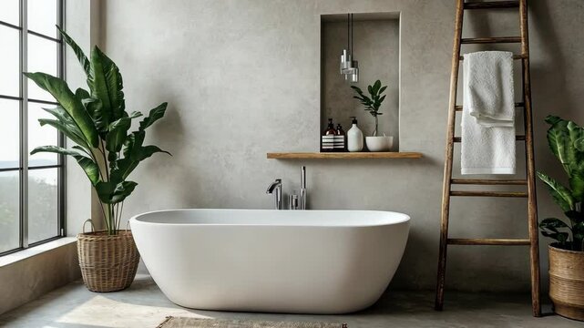 A modern bathroom with a freestanding bathtub, a wooden ladder, and large plants