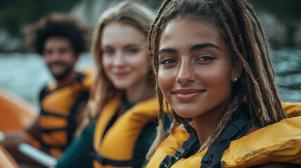 Fototapeta premium Group of friends enjoying a kayaking adventure on a serene lake during a sunny afternoon, wearing life jackets and smiling