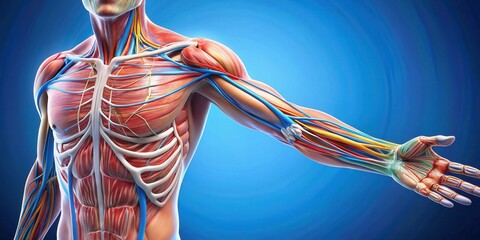 A detailed anatomical illustration of the human upper body, revealing the intricate network of muscles, veins, and arteries.